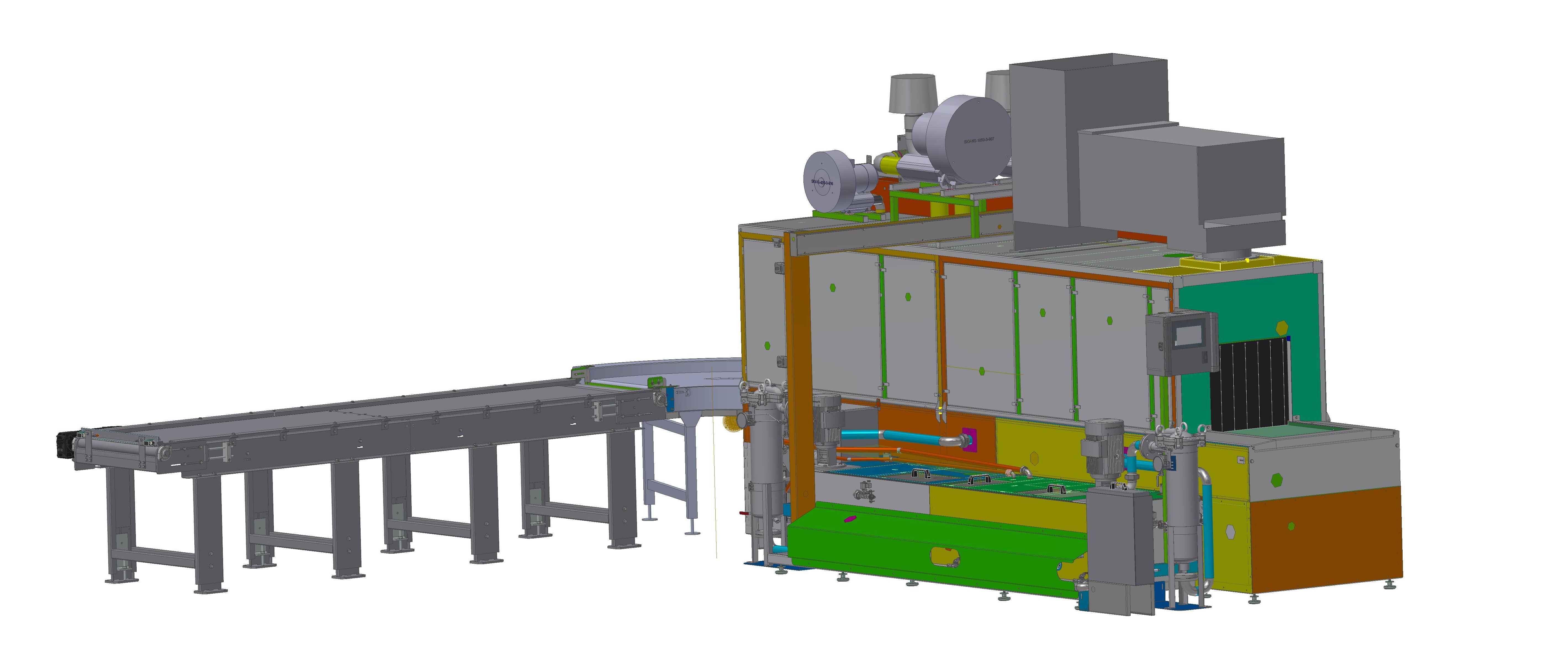 Durchlauf-Reinigungsanlage Reinigen / Spülen / Trocknen inkl. Transportsystem in L-Form Durchlauf-Reinigungsanlage Reinigen / Spülen / Trocknen inkl. Transportsystem in L-Form